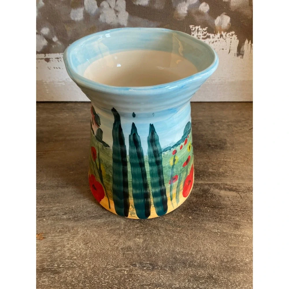 Handcrafted Tuscany Italy Ceramic Vase Hand Painted Villa Poppy Landscape 7.5in